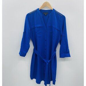 Attention Womens Size Medium Button Down Shirt Dress with Belt Chain Detail Blue